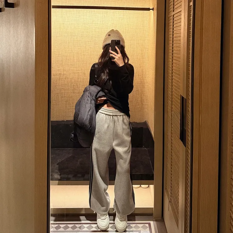 美式加绒加厚运动卫裤女秋冬新款侧边条杆休闲裤