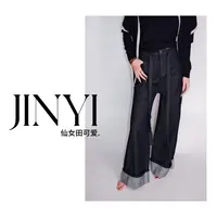 【愈己·裤】复古抽绳直筒高腰显瘦卷边牛仔长裤