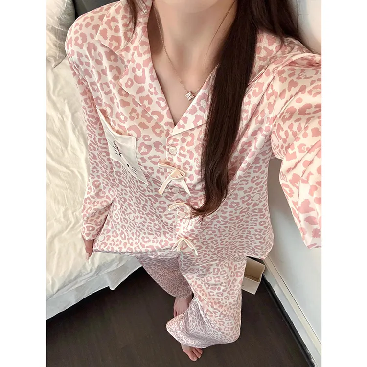 甜美粉嫩豹纹Kitty冰丝睡衣女秋季新款长袖长裤可外穿家居服套装