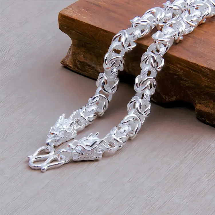 链子足银 999足银项链龙头时尚霸气链子足银潮男龙骨链银饰品个性