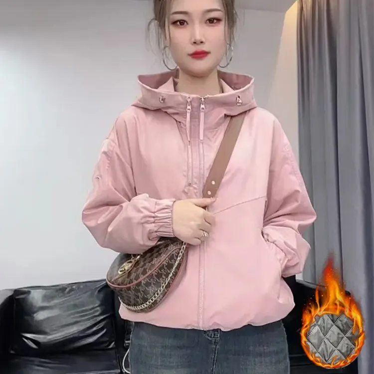 加棉冲锋衣拉链连帽运动休闲秋季女短外套冬季韩版百搭风衣加厚