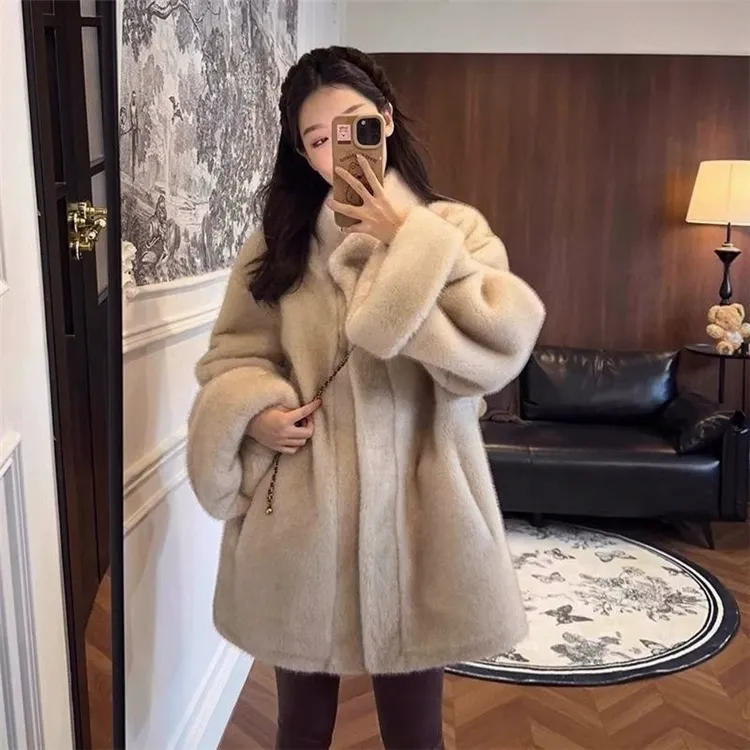 人造皮草 韩版貂毛中长款立领宽松女毛毛外套高级感秋冬时尚大衣