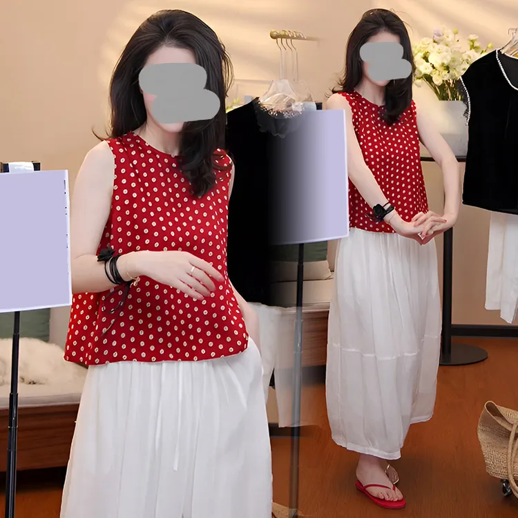 红色圆领无袖背心长裙两件套女2025年夏季新款设计感休闲套装潮