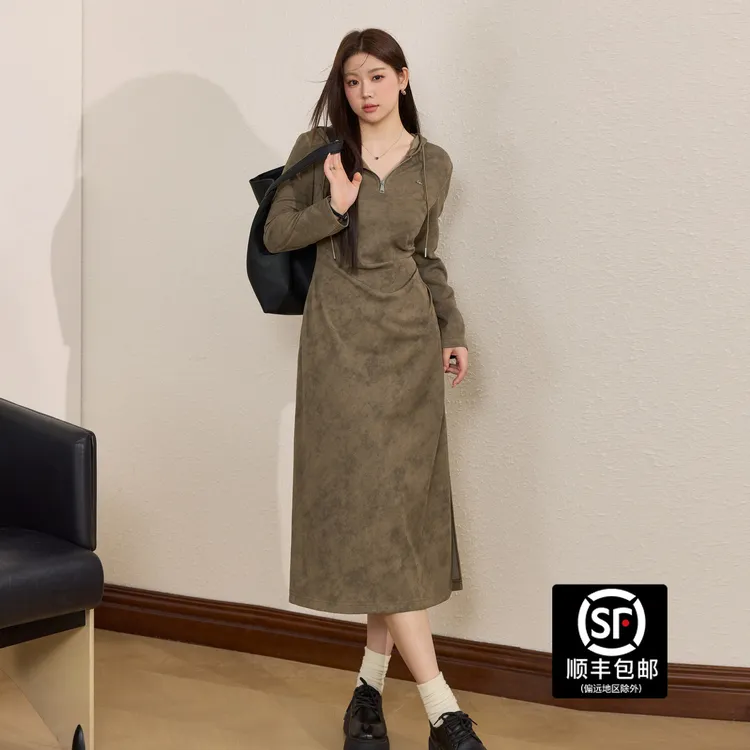 蓝语大码女装气质休闲连帽长袖卫衣裙秋季新款胖MM收腰显瘦连衣裙