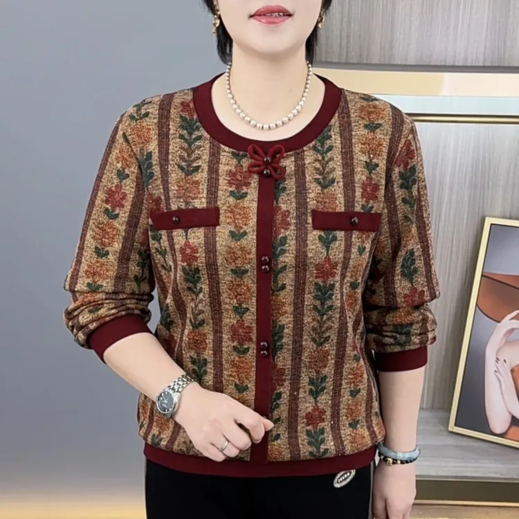 秋冬新款圆领竖纹印花中老年气质妈妈装加绒保暖休闲上衣H9882-1