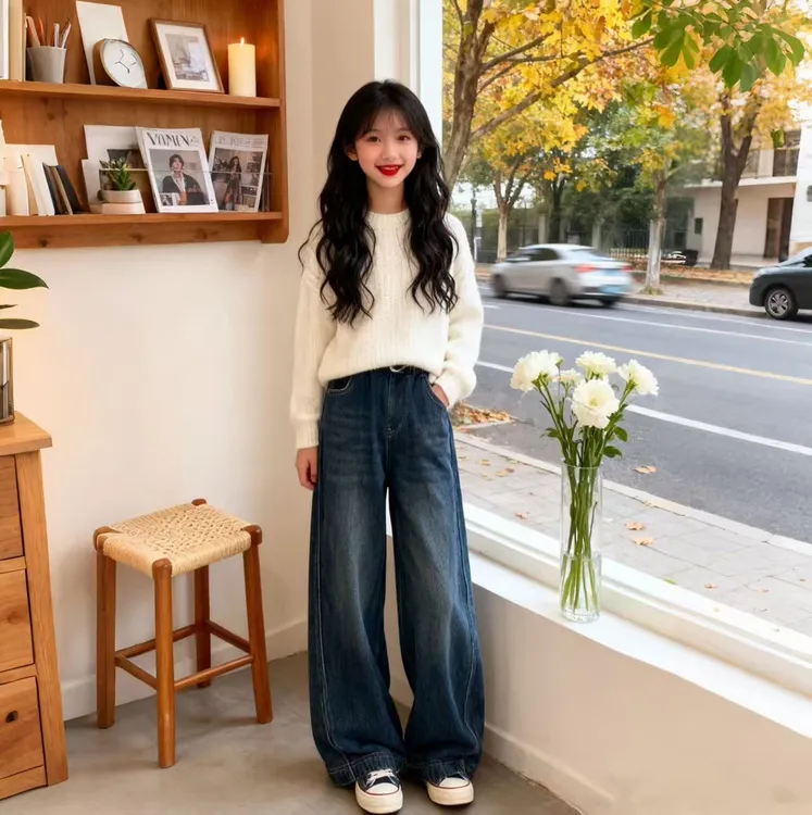 【当日发】女童加绒裤子新款冬款牛仔裤中大童宽松洋气弯刀裤