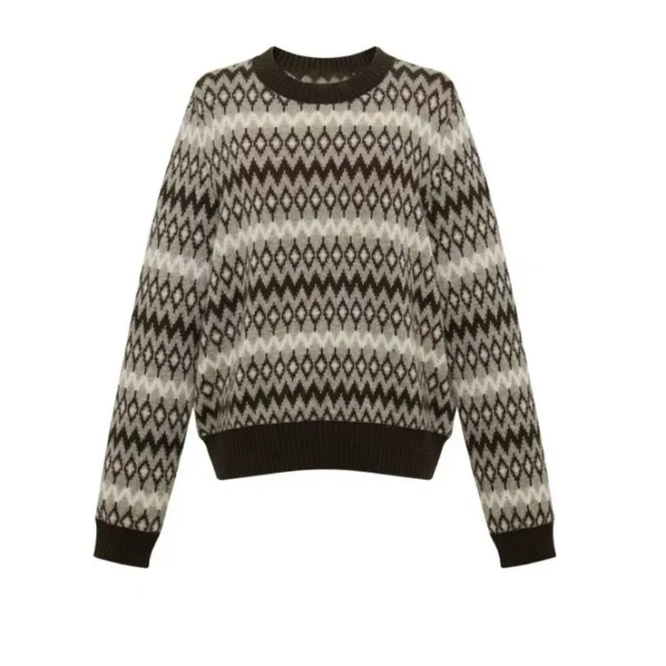 羊毛圆领宽松复古提花针织衫毛衣2025秋冬新款