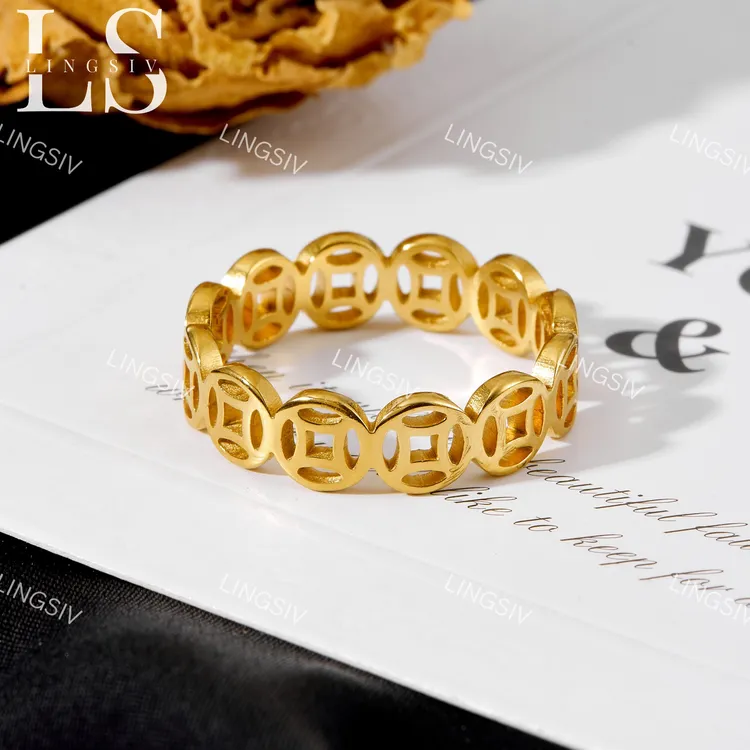 钛钢戒指 轻奢个性钱多多戒指小众时尚男女金色铜钱钱币戒指指环