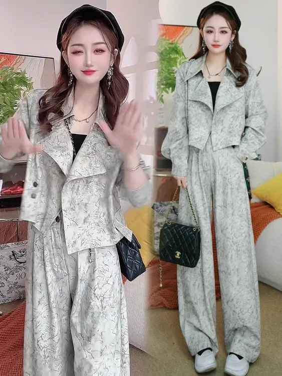 0333时尚扎染套装女春季新款洋气显瘦减龄水墨画外套阔腿裤两件套