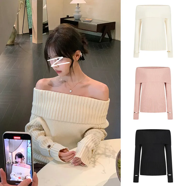 Moses Queen/魔西女王甜辣妹一字肩毛衣女宽松加厚露肩针织衫上衣