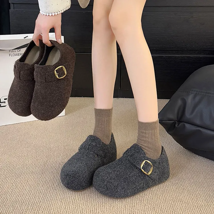 厚底增高灰色加绒勃肯鞋女2025秋冬新款毛呢鞋小个子保暖博肯棉鞋