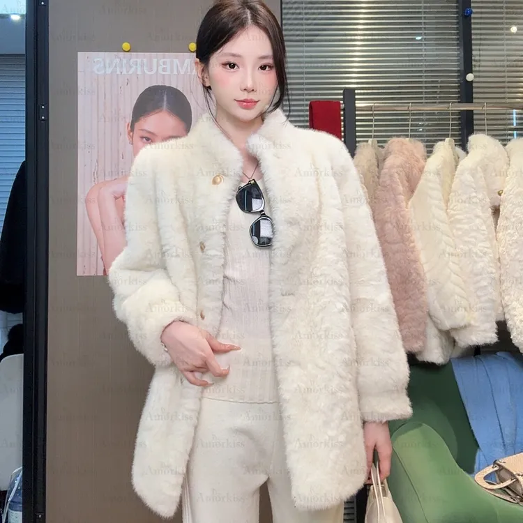 花狐貂秋冬季新款皮毛一体中长款外套女水貂绒毛毛仿皮草立领大衣