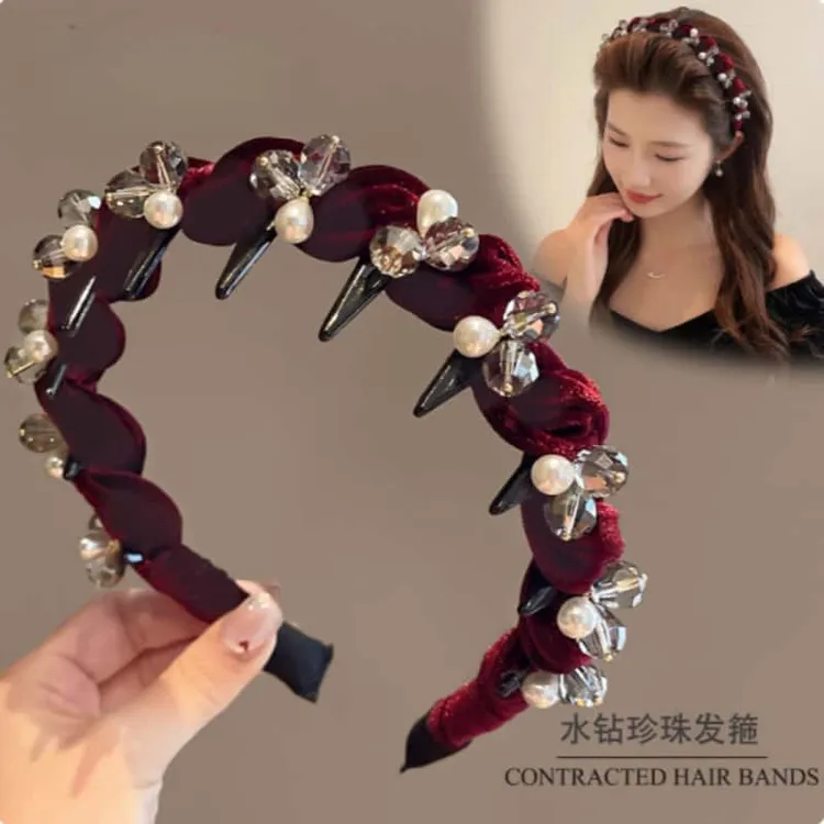 红色丝绒珠珠发箍女高级感2025新款轻奢高颅顶洗脸头箍压发卡头饰