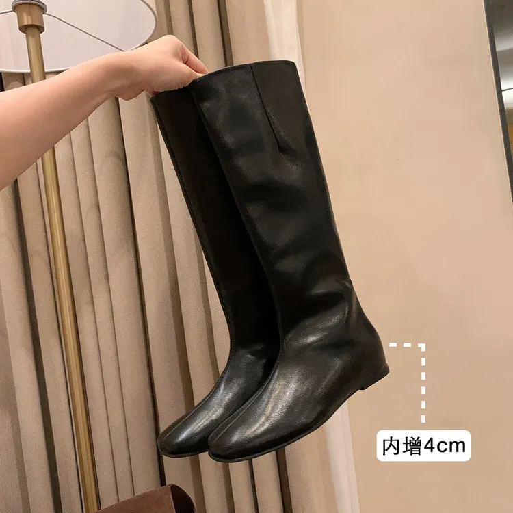 增高4cm~软皮显瘦长筒靴女秋冬新款平底柔软瘦瘦长靴中高筒骑士靴