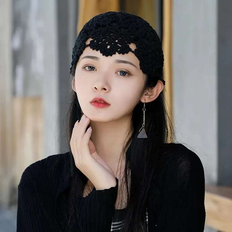 C遮白发小帽夏薄公主帽子镂空手工棉线针织帽女蕾丝复古钩花包头