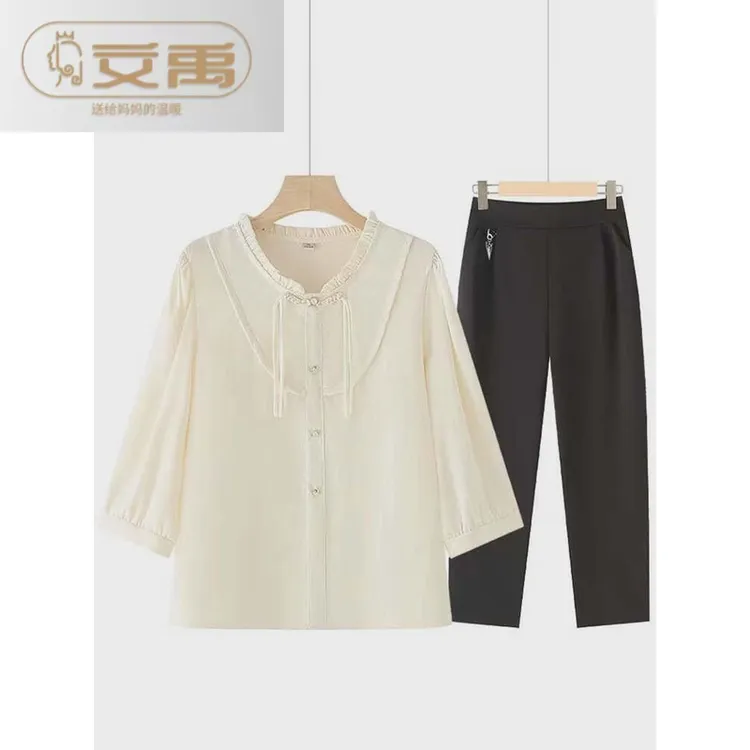 妈妈夏装仿真丝年轻上衣贵夫人新款新中式高档中年妇女小衫两件套