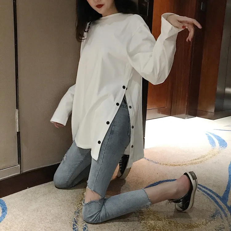 初秋女上衣2025新款泫雅潮韩版网红长袖开叉t恤外穿