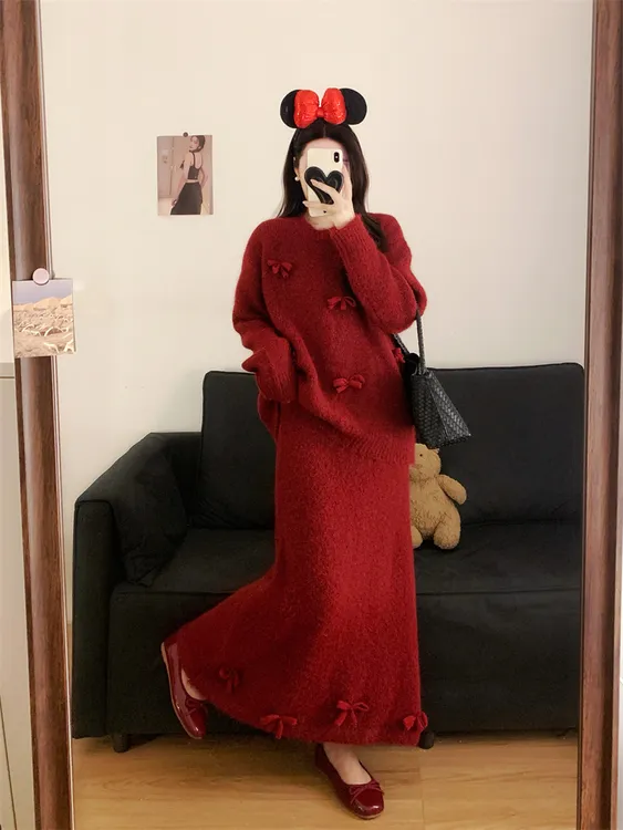 气质针织毛衣红色连衣裙子女秋冬季圣诞穿搭一整套装内搭打底长裙