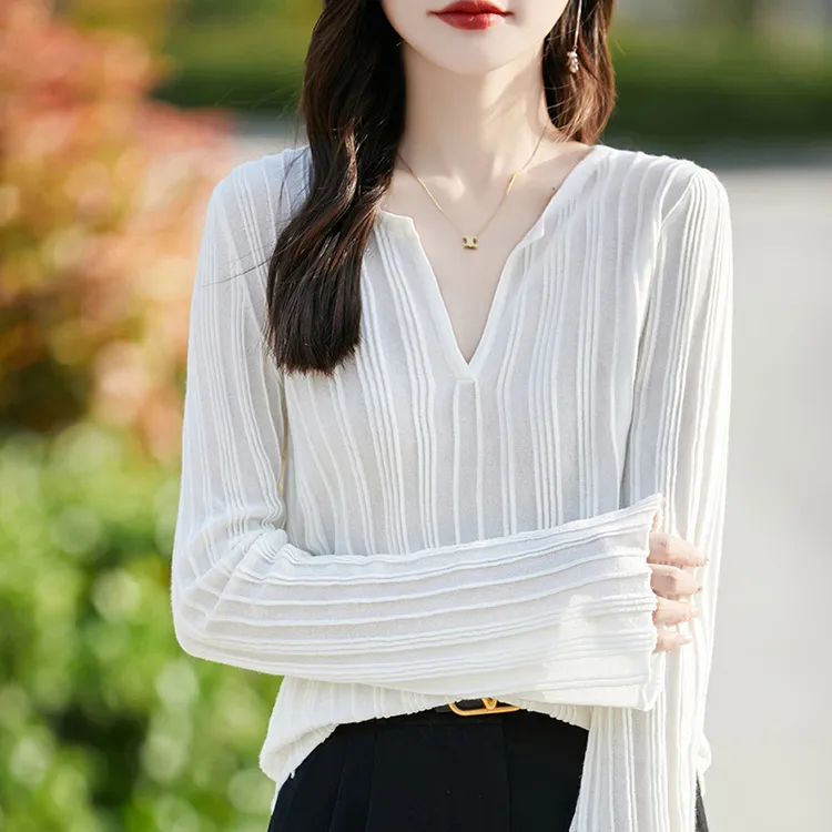 【直播爆款】羊毛衫女春装宽v领针织衫女春秋薄款时尚喇叭袖上衣女