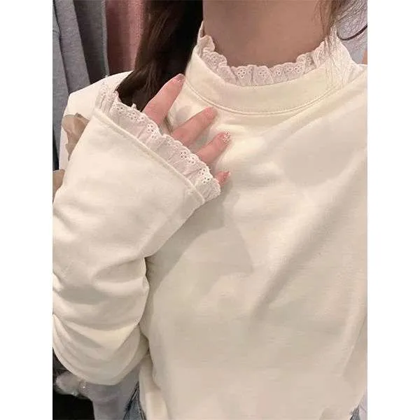 美式复古设计感小众花边半高领女冬季新款加厚打底长袖小个子上衣