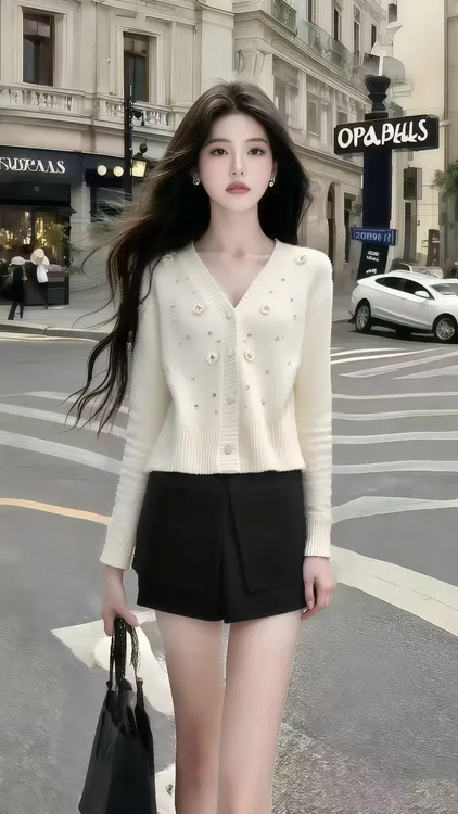 秋季新款时尚小个子穿搭杏色设计感V领针织上衣+黑色百搭短裙女