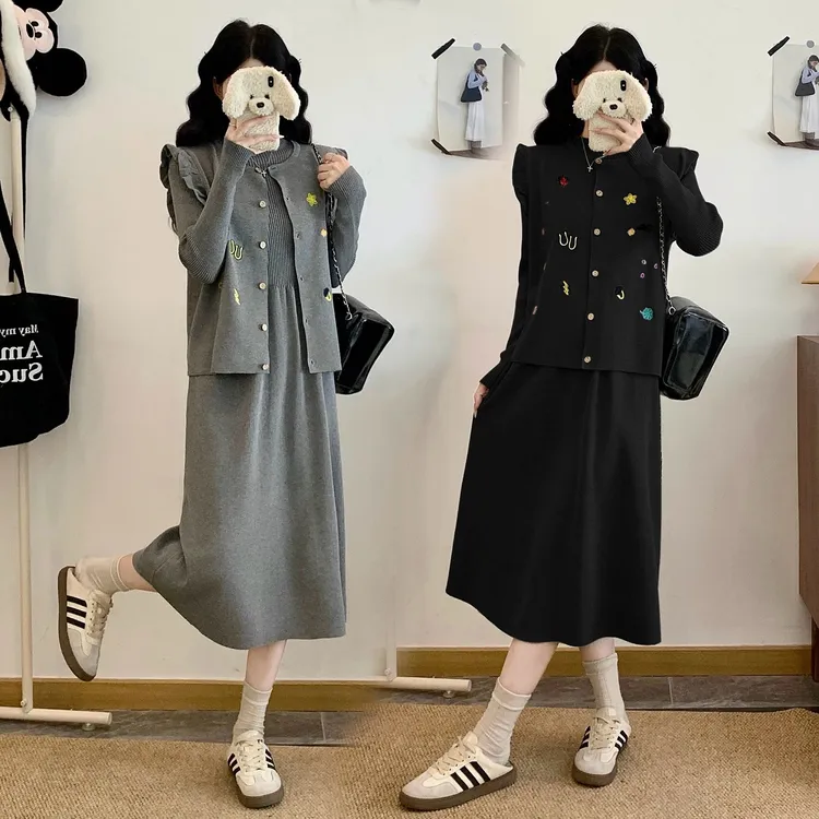 大码洋气套装女秋冬新款胖MM时尚设计感马甲针织连衣裙两件套