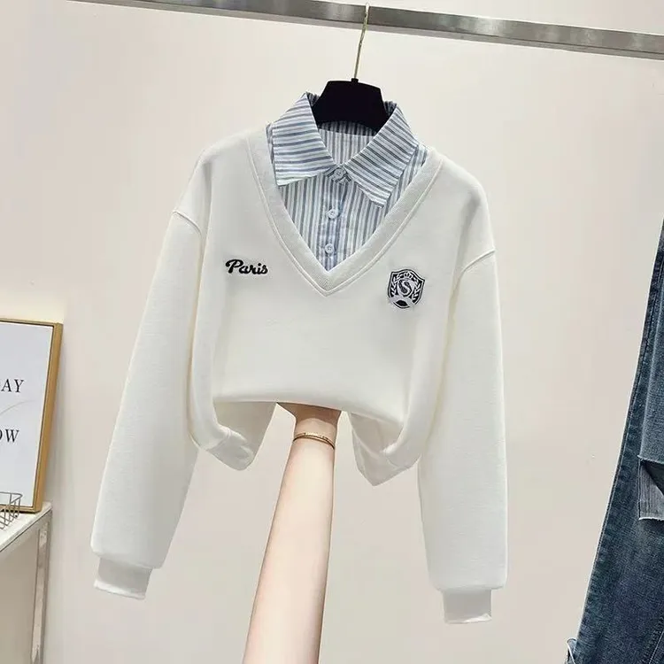 女童假两件翻领卫衣秋新款初高中学生格子领宽松洋气学院风上衣潮