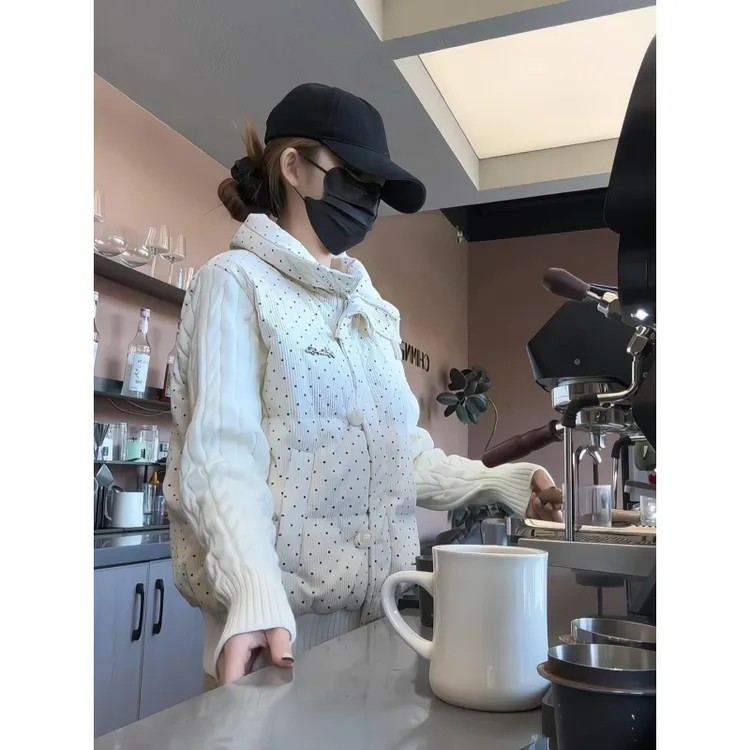 MARIE.COCO韩系设计感拼接少女风波点针织棉服秋冬保暖外套潮流装