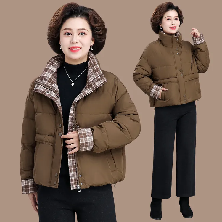 拼接宽松型短款妈妈装加厚休闲冬季插肩袖立领