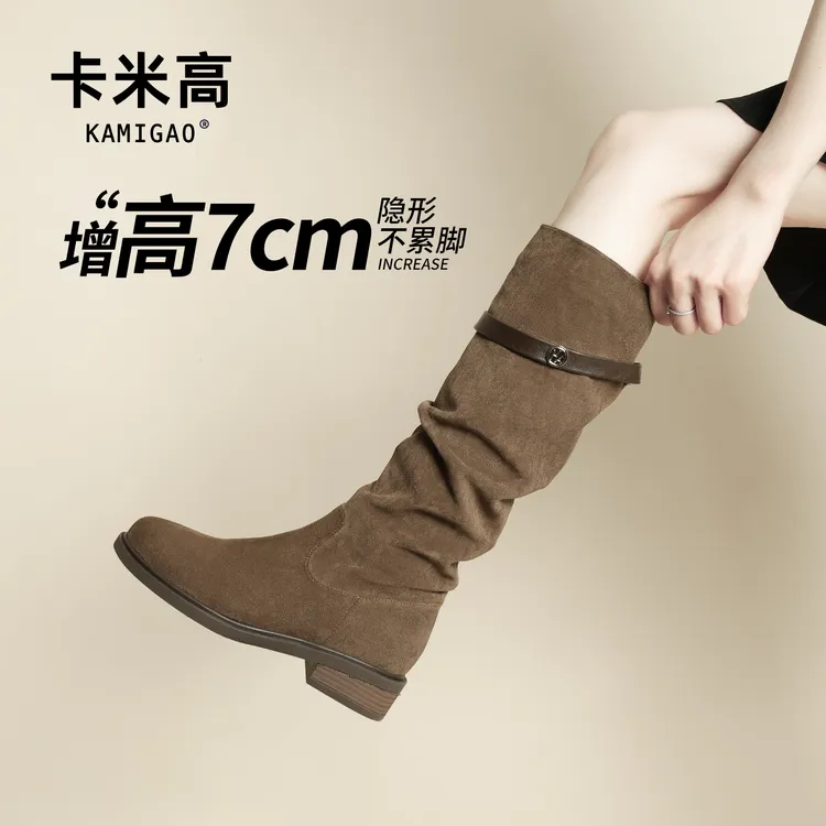 7cm内增高堆堆靴2025爆款秋季弹力英伦风小个子厚底百搭长靴女商品图