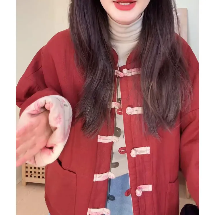 2025冬季新款双面穿保暖国风棉服外套潮时尚洋气设计感新中式印花