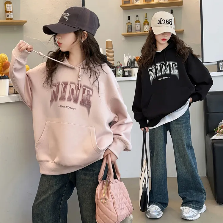 女童休闲新款洋气童装秋装连帽卫衣初中生大童牛仔长裤两件套女装