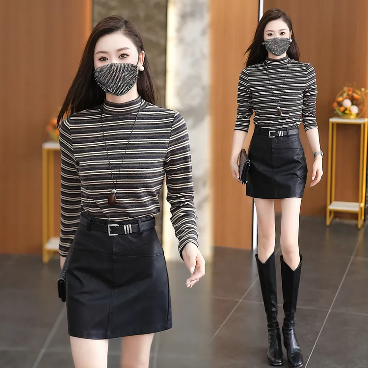 法式复古条纹磨毛中高领打底衫女长袖T恤2025秋内搭小衫显瘦上衣t
