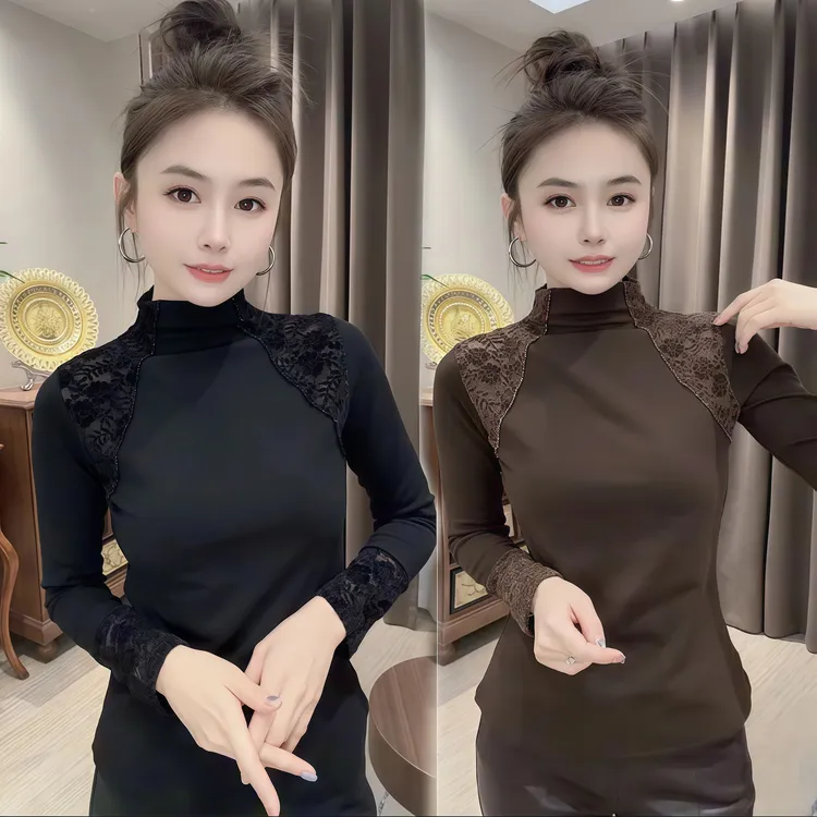 2025新款保暖内搭洋气半高领百搭上衣显瘦水绒蕾丝串珠慕斯绒T恤