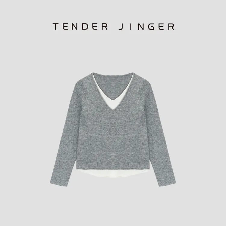 Tender Jinger【层次感】假两件撞色V领羊毛针织衫T53FSS41110