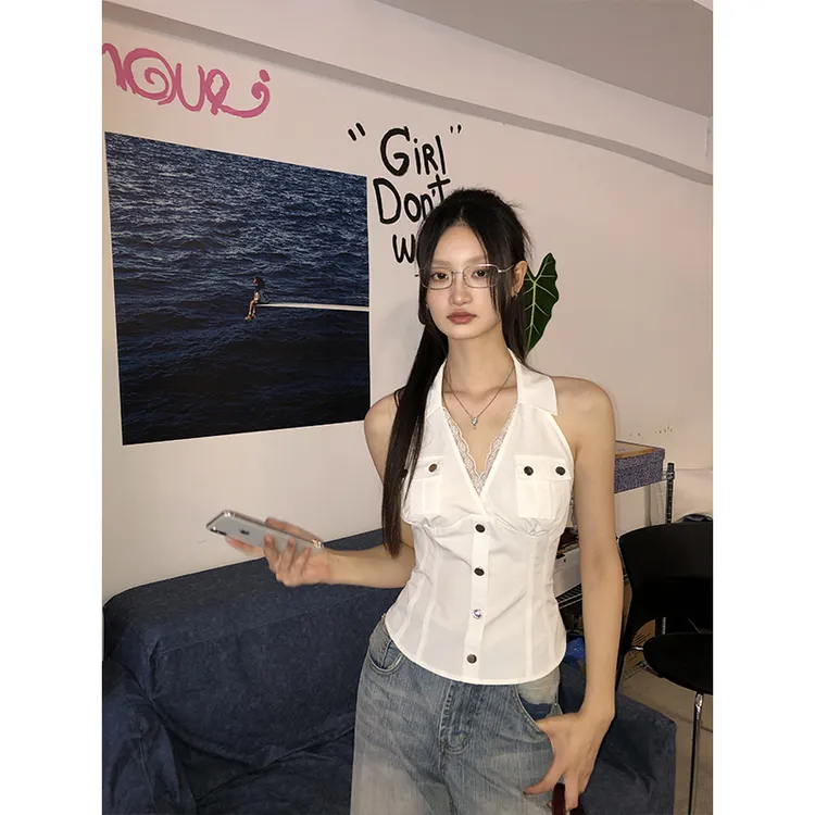 【漫游记】夏季美式辣妹挂脖设计款口袋蕾丝背心252B3134