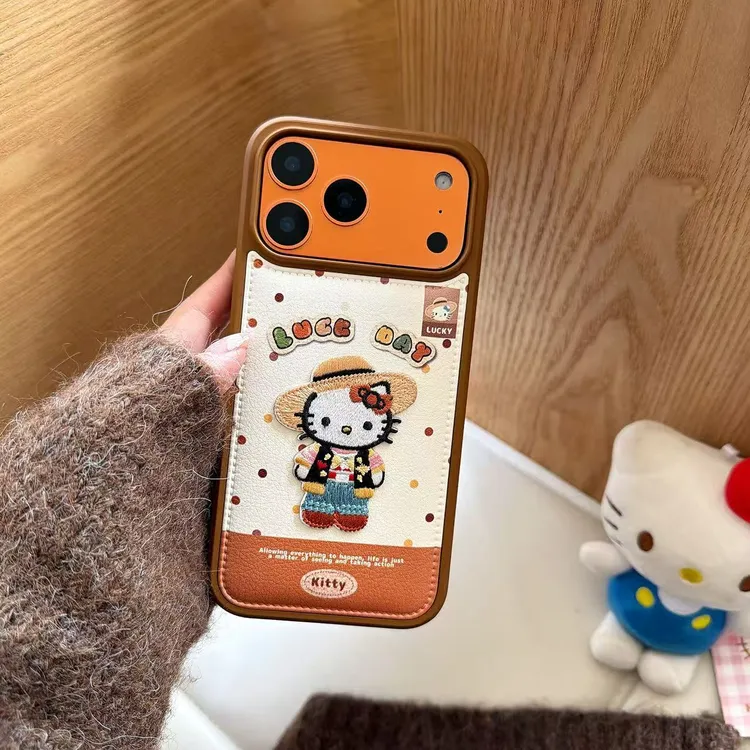 创意深棕色卡通刺绣贴适用苹果17promax手机壳iPhone16/15情侣14