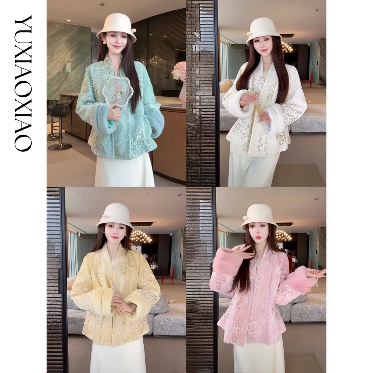 余潇潇【牡丹画卷】奢华珠片刺绣丝绒拼接水貂毛90白鹅绒国风羽绒服