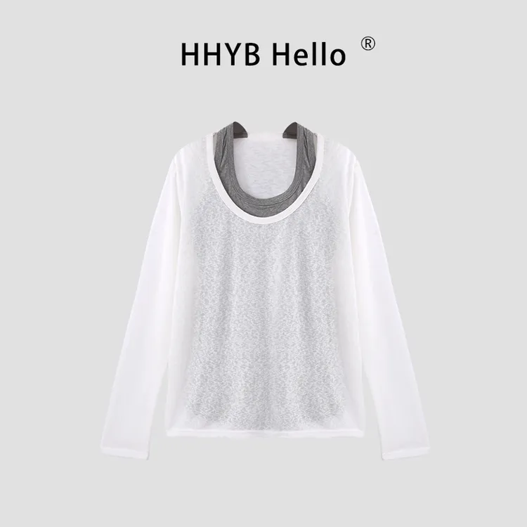 HHYB Hello2025夏季新款雪花棉撞色背心长袖假两件T恤上衣250386