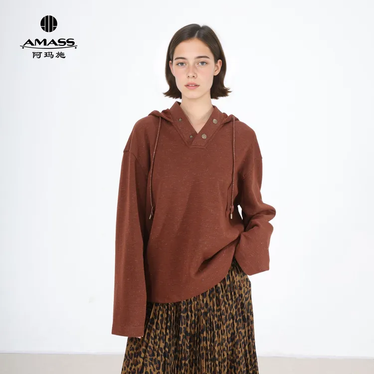 阿玛施【官方正品】女装秋季连帽罗纹V领宽松简约长袖卫衣530131