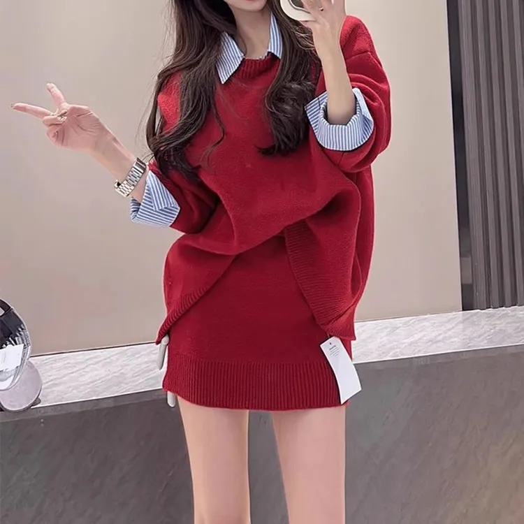 【两件套】拼接衬衫领针织时尚高级显瘦假两件毛衣+高腰短裙套装