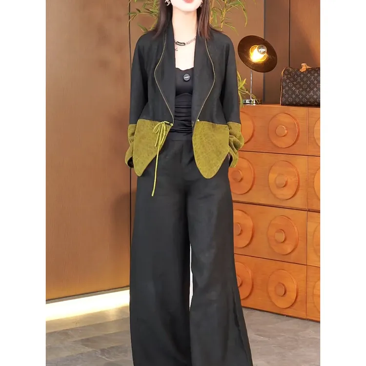 新中式国风裤套装女2025秋季新款轻奢贵夫人气质长袖外套+阔腿裤