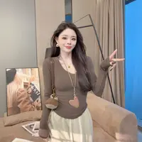 【晓溪服饰】秋冬新款打底衫U领磨毛修身显瘦低领露锁骨T恤6628