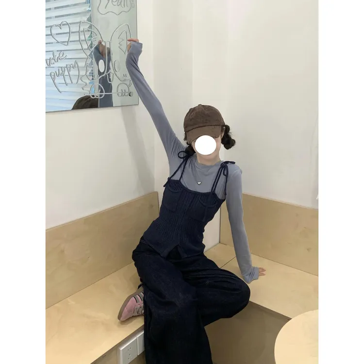 独特绝美小套装深秋小个子穿搭修身针织吊带背心女长袖T恤两件套