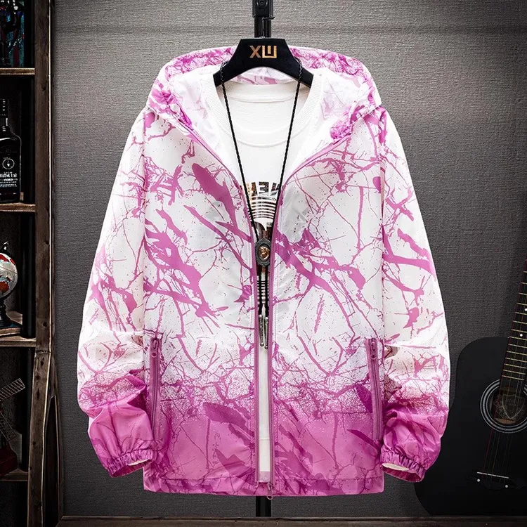 夏季情侣迷彩印花晒衣男女皮肤衣连帽薄款透气拼色防拼色外套夹克