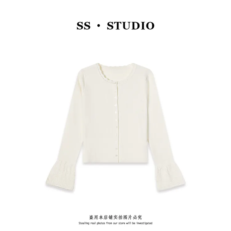 【SUSU】秋款软糯法式气质轻奢拼接圆领长袖针织开衫上衣SS-5801