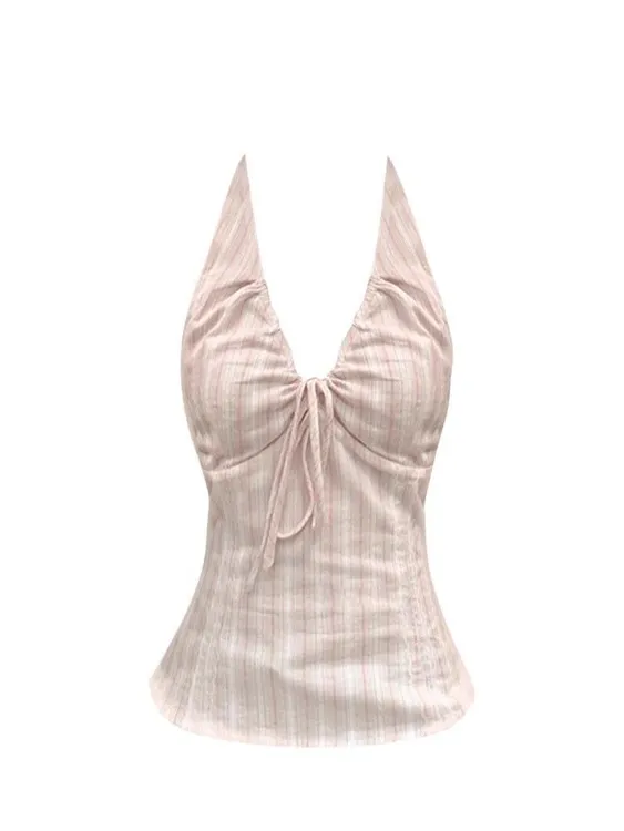 粉色v领挂脖吊带背心女夏季修身显瘦绑带无袖外穿内搭辣妹小上衣