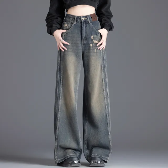 美式牛仔裤女春秋裤子阔腿裤今年流行的爆款裤子高腰女士直筒长裤