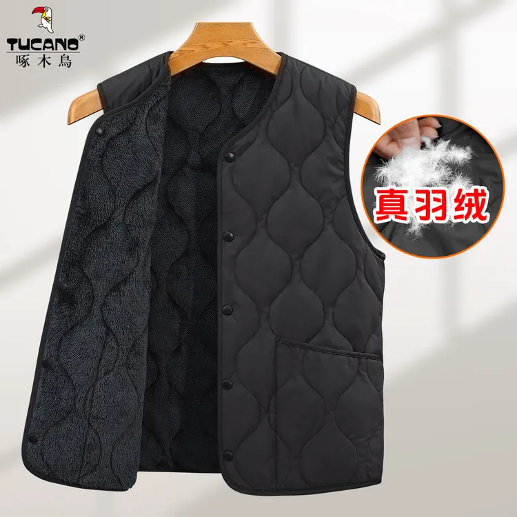 新国标90绒羽绒马甲冬季中老年保暖坎肩宽松加绒加厚V领无袖内胆