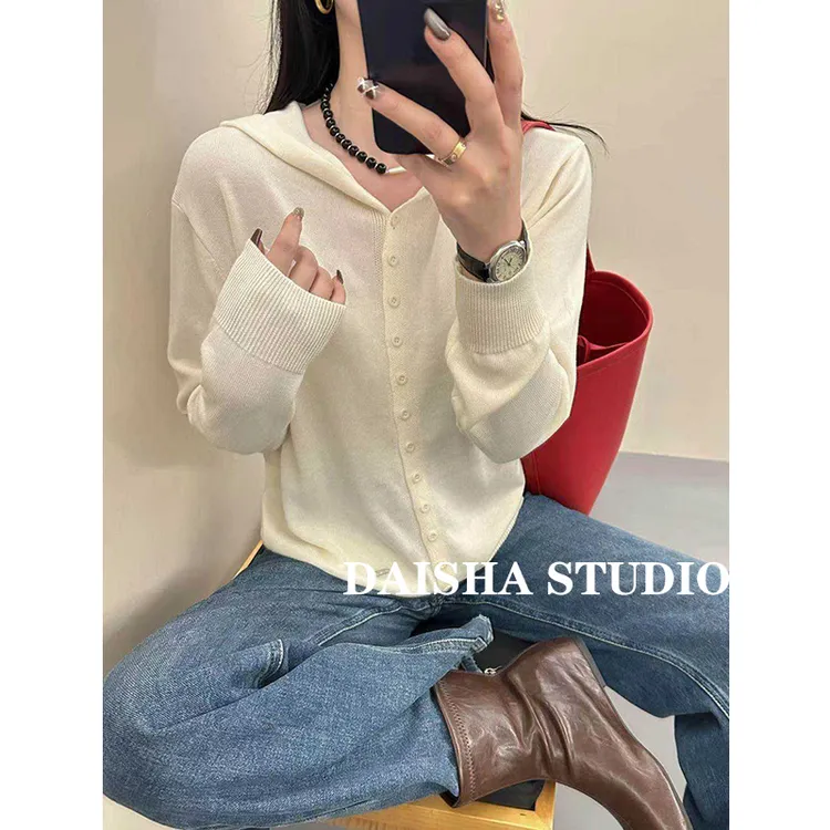 【芝士帽衫】巨好看简约纯色连帽针织衫开衫女宽松慵懒薄款百搭上衣